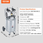 VEVOR 50 L gaisa kompresors, 2 HP, 4 SCFM @ 6,2 bar, bez eļļas, maksimālais spiediens 8 bar (116 PSI)