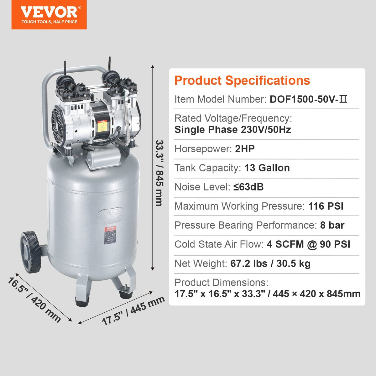 VEVOR 50 L gaisa kompresors, 2 HP, 4 SCFM @ 6,2 bar, bez eļļas, maksimālais spiediens 8 bar (116 PSI)