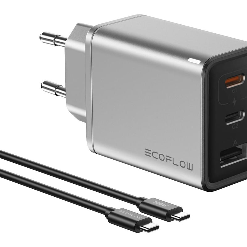 ECOFLOW lādētājs 65W, 1 × USB-A ports, 2 × USB-C porti, ātrā uzlāde (GaN tehnoloģija), sudraba.