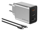 ECOFLOW lādētājs 65W, 1 × USB-A ports, 2 × USB-C porti, ātrā uzlāde (GaN tehnoloģija), sudraba.