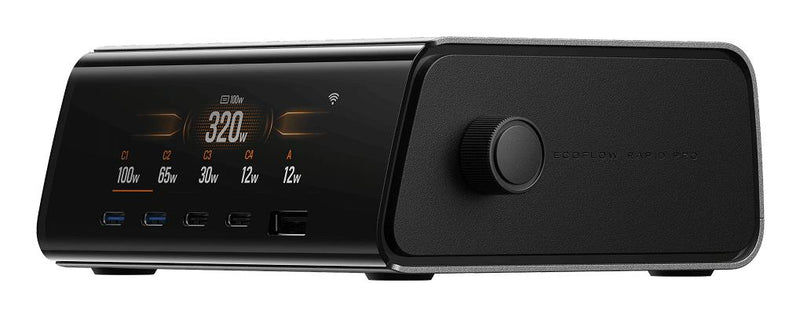 EcoFlow RAPID Pro 320 W galda lādētājs ar 4× USB-C un USB-A pieslēgvietu