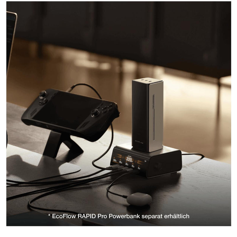 EcoFlow RAPID Pro 320 W galda lādētājs ar 4× USB-C un USB-A pieslēgvietu