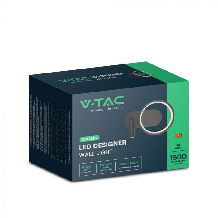 14W(1500Lm) LED-väggarmatur, iP20, V-TAC, metall, svart, 250x100x180mm, varmvitt ljus 3000K
