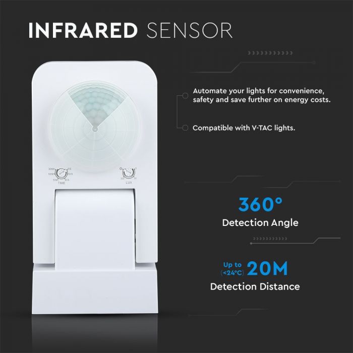 LED infrared motion sensor, white, Max 1000W LED, 360°, IP65, V-TAC