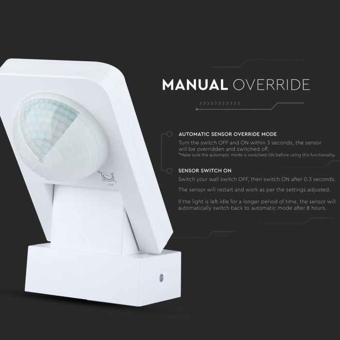 LED infrasarkanais kustību sensors, balts,  Max 1000W LED, 360°, IP65, V-TAC
