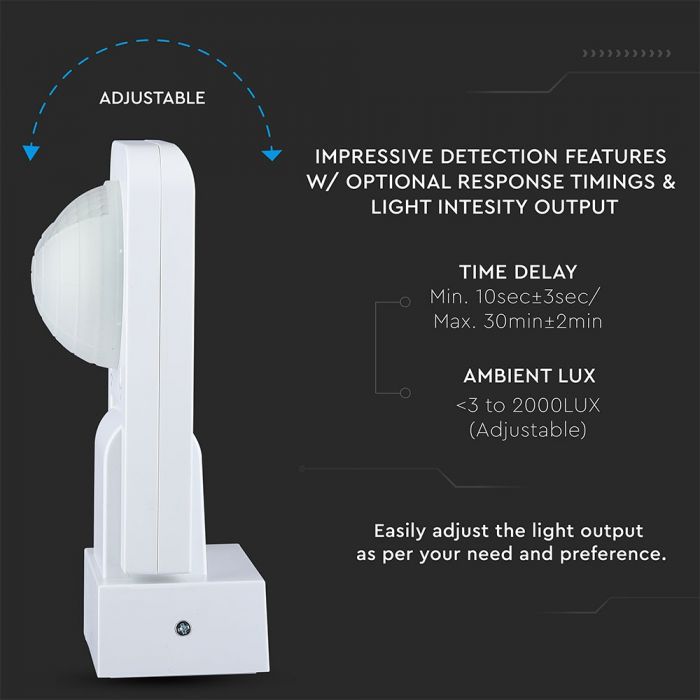 LED infrared motion sensor, white, Max 1000W LED, 360°, IP65, V-TAC