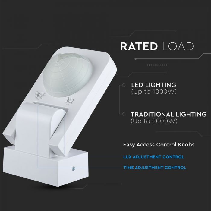 LED-infrapunane liikumisandur, valge, Max 1000W LED, 360°, IP65, V-TAC