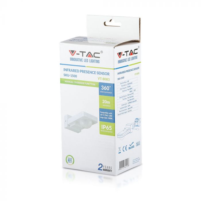 LED infrasarkanais kustību sensors, balts,  Max 1000W LED, 360°, IP65, V-TAC