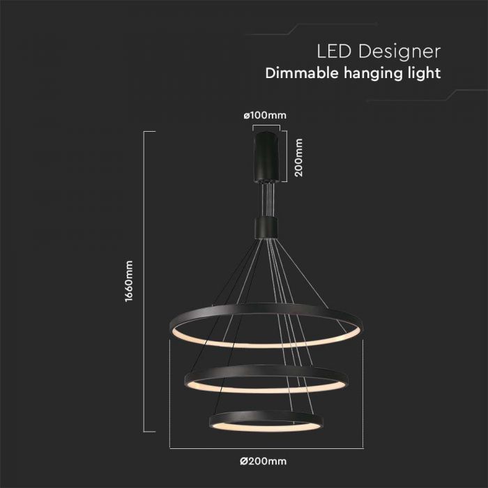 50W(4900Lm) LED design lamp, V-TAC, IP20, black, warm white light 3000K