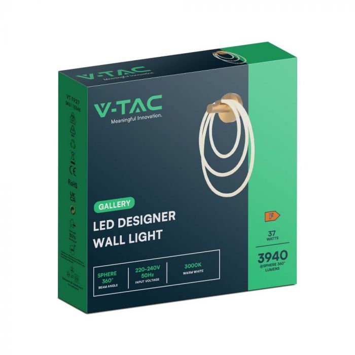 36W(3940Lm) LED decorative wall lamp, V-TAC, IP20, gold color, warm white light 3000K