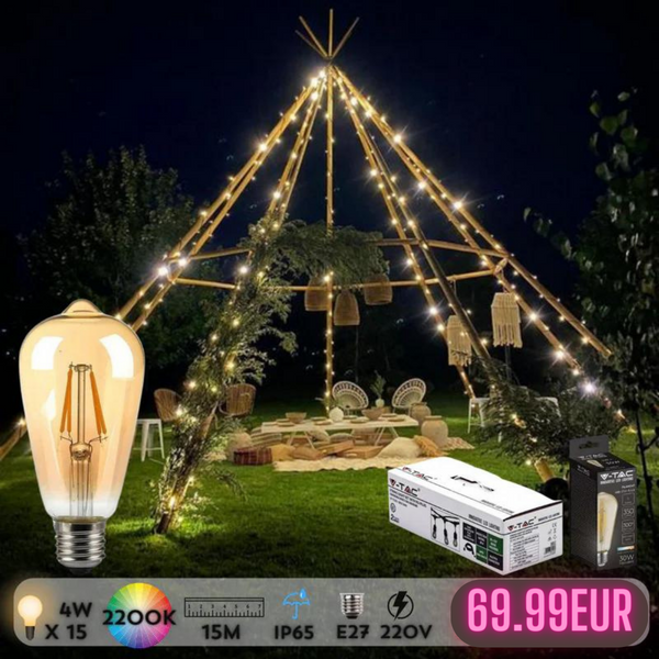 15m E27 bulb plinth string with 15 included E27 4w LED filament G45 3000K, 1m x15 between plinths, waterproof IP65, AC220-240V, 2.68kg, black, with 220V socket at the end and plug at the beginning, can be connected in series