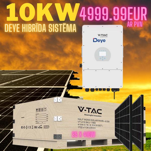KIT 10KW hybrid inverter, "Sadales Tīkla" verified SKU11542, 3 phases, 5-year warranty, IP65, LCD display and 25gb 410W solar panels with 10-year warranty, 31.46V, size 1722x1134x35mm, 21.5kg, 1m cable, V-TAC