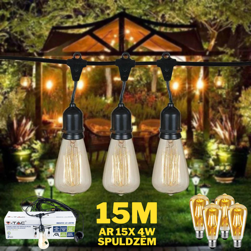 15 meter string complete with 15 4w ST64 type bulbs (distance between bulbs 1m) glass LED filament bulbs (250Lm), warm white 2700K, string with EU plug at the beginning and hermetic socket at the end, Waterproof IP65