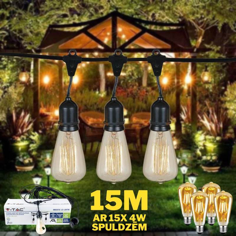 15 metri virtene komplektā ar 15 4w ST64 tipa spuldzēm(attālums starp spuldzēm 1m)stikla LED filament spuldzēm(250Lm),silti baltas 2700K,virtene ar EU kontaktdakšu sākumā un hermētisku kontaktligzu galā,Ūdensdroša IP65