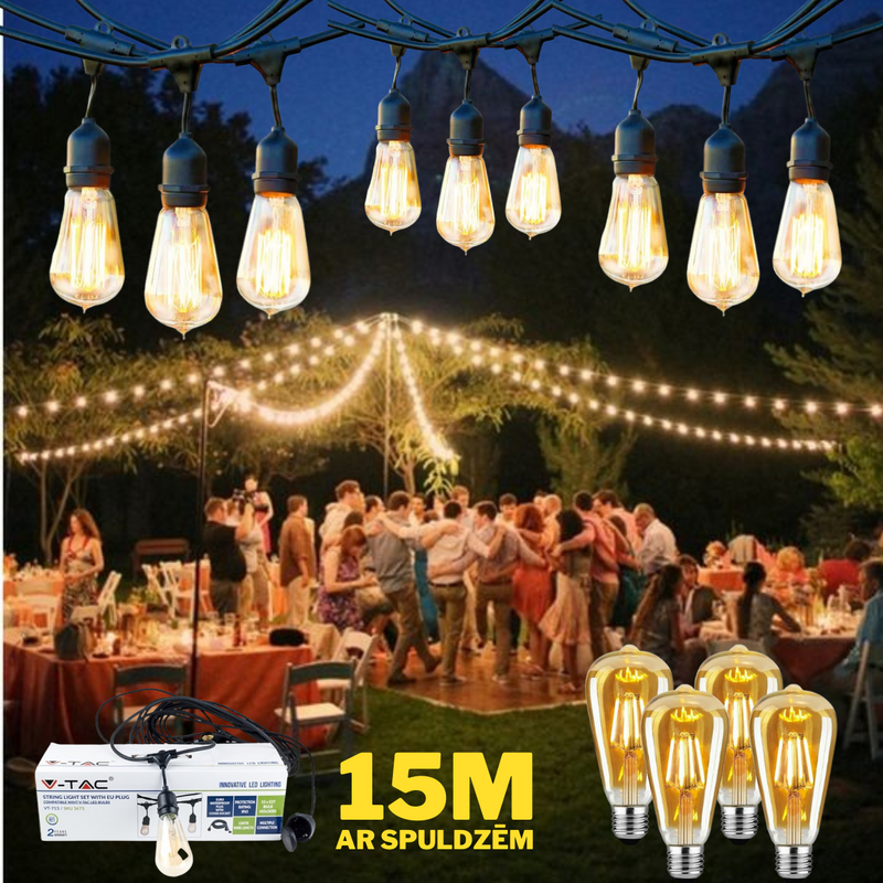 15 meters of string complete with 15 2w ST64 type bulbs (distance between bulbs 1m) glass LED filament bulbs (210Lm), warm white 2700K, string with EU plug at the beginning and hermetic socket at the end, Waterproof IP65