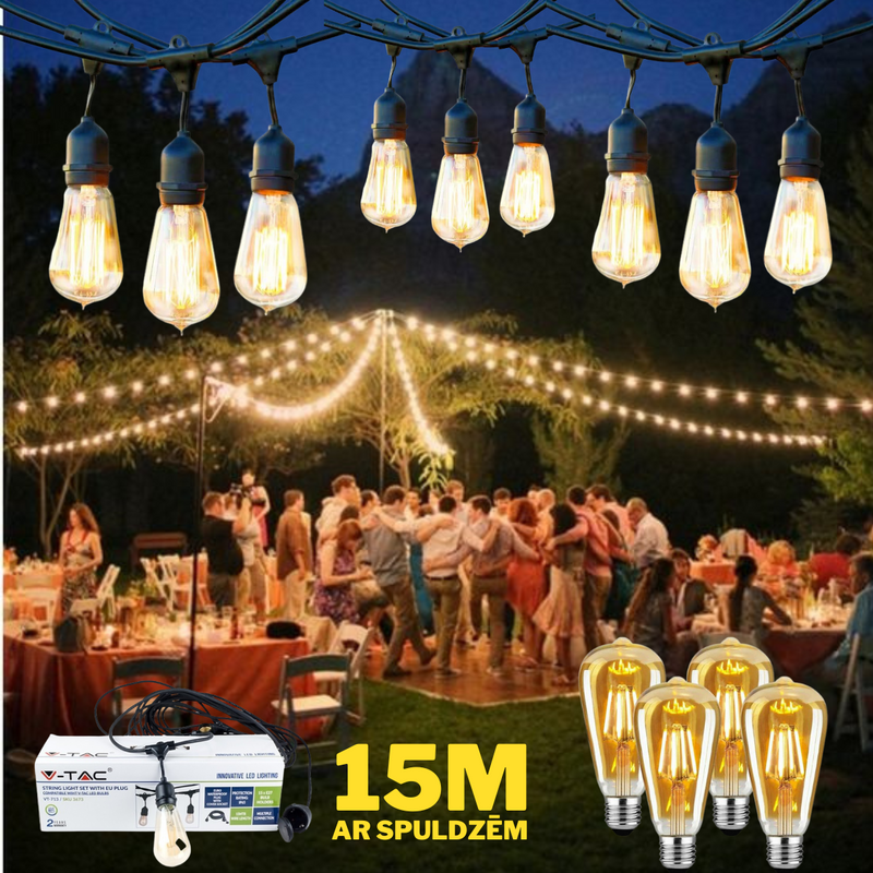 15 metri virtene komplektā ar 15 4w ST64 tipa spuldzēm(attālums starp spuldzēm 1m)stikla LED filament spuldzēm(250Lm),silti baltas 2700K,virtene ar EU kontaktdakšu sākumā un hermētisku kontaktligzu galā,Ūdensdroša IP65