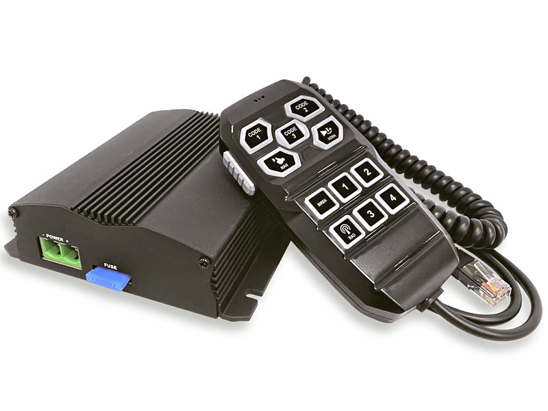 Startax 100 W sirēnas pastiprinātājs 12/24 V ar 12 pogu kontrolieri un mikrofonu, Class D, 7 skaņas režīmi, alumīnija korpuss