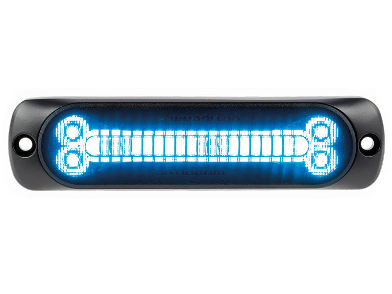 OPTIBEAM Dark Phantom SX6 zilais LED brīdinājuma modulis 12–24 V ar 24 LED, IP67/IP69K, alumīnija korpuss, plāns dizains, sinhronizācija līdz 20 ierīcēm