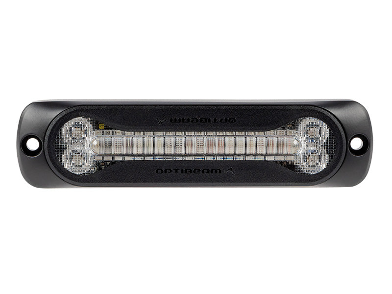 OPTIBEAM Dark Phantom SX6 zilais LED brīdinājuma modulis 12–24 V ar 24 LED, IP67/IP69K, alumīnija korpuss, plāns dizains, sinhronizācija līdz 20 ierīcēm