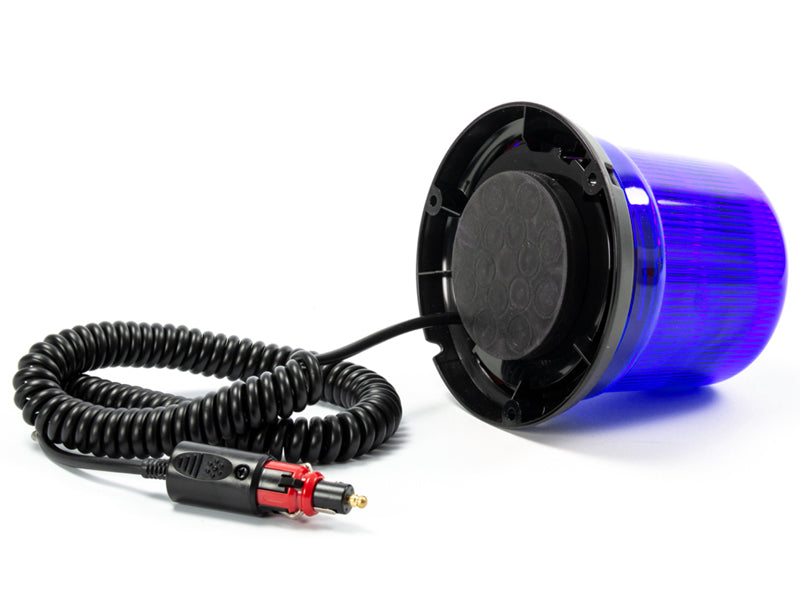 AXIXTECH 12-24V LED Beacon, ø142mm, blue, magnetic mount, efficient 10-LED element, 11 flashing programmes. IPX5, ECE-R65/-R10, height 128mm