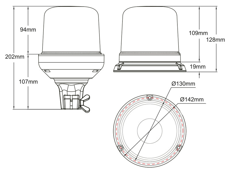 AXIXTECH 12-24V max 42W LED Beacon, ø 142,00 x 128,00mm, röd, PC, ECE R65 Klass 1 (TR1), ECE R10, CA13, SAE J845 Klass 1 IPX6,