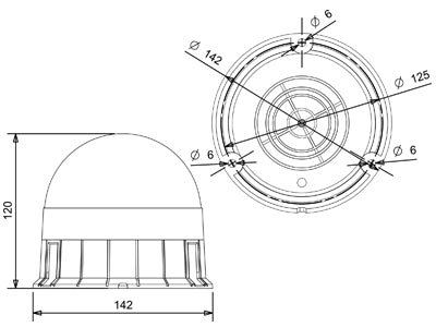 12-24V LED-ljuskägla, ø 142,00 x 125,00mm, gul, fäst med 3 skruvar, 8 LED-element, 3 olika blinkalternativ, låg profil, IP56. ECE R65/ R10, TA1