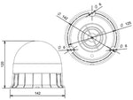 12-24V LED Bākuguns, ø 142.00 x 125.00mm, dzintara krāsa, stiprinājums ar 3 skrūvēm, 8 LED elements, 3 dažādas mirgošanas iespējas, zema profila dizains, IP56. ECE R65/ R10, TA1
