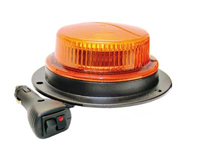 10-30V LED Flasher, ø130x50mm, amber, LEDs: 16 x SMD, low profile, fixing: magnet base, cable w. cig. plug: 2400 mm, on-off and flash option with plug. IP65, ECE E-apt.