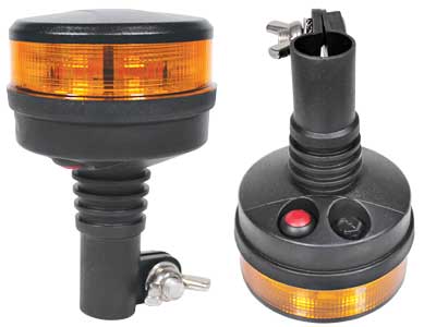 12-24V LED Beacon, ø92x139mm, amber, DIN mount, 27W, 10 flash patterns, pattern selector switch on bottom of beacon, PC, TPE base. ECE R65, R10 EMC, SAE J845 Class 1, IP67, -40°C ... +65°C, 391g