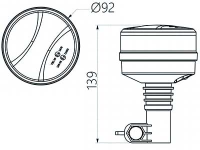12-24V LED Beacon, ø92x139mm, amber, DIN mount, 27W, 10 flash patterns, pattern selector switch on bottom of beacon, PC, TPE base. ECE R65, R10 EMC, SAE J845 Class 1, IP67, -40°C ... +65°C, 391g