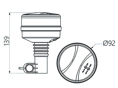 12-24V LED-signallampa, ø 92,00 x 139,00mm, gula lysdioder, transparent lins: polykarbonat, DIN-fäste, 27W, 10 blixtmönster, mönsterväljare på undersidan av signallampan. -40°C ... +65°C, ECE R65, R10 EMC, SAE J845 klass 1