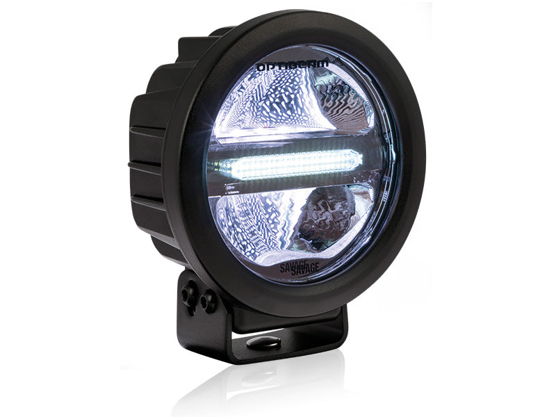 OPTIBEAM Savage 5 9-36V, 2000Lm IP68, R112, R10, R7, 3-pin DT, светодиоды: 2шт белый габаритный свет, в комплекте с хромированной рамкой, 1lux @308m, 1.8A @13.7V