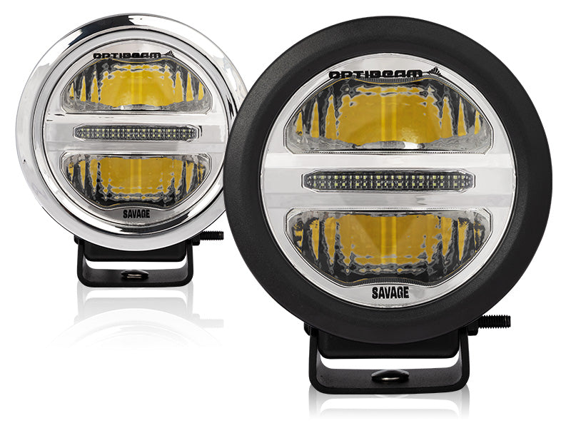 9-36V  2000Lm OPTIBEAM Savage 5 LED papildlukturis,  IP68, R112, R10, R7,  3-pin DT, gaismas diodes: 2gab balts pozīcijas gaisma, komplektā ar hroma rāmi, 1lux @308m, 1.8A @13.7V, garantija 3 gadi