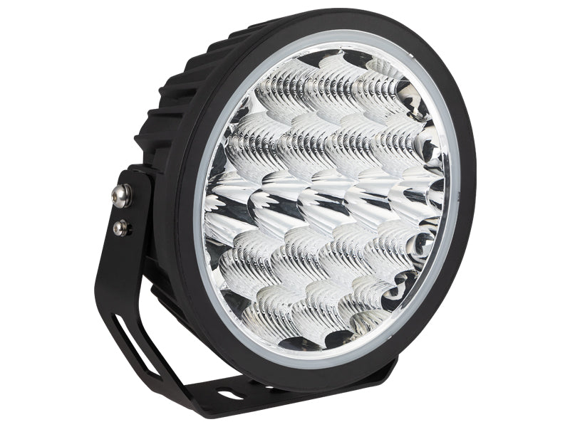 W-LIGHT 9-30V 7600Lm LED apaļš papildlukturis, 2 krāsu stāvgaisma: dzintara/dzidra, Osram gaismas diodes, integrēts DT terminālis, kopējais augstums w. kronšteins 244 mm. Strāvas patēriņš 5,33A @ 13,7V DC, auksti balta gaisma 5700K