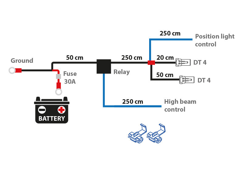 12V 40A 30A Elektroinstalācijas komplekts, 4 kontkatu