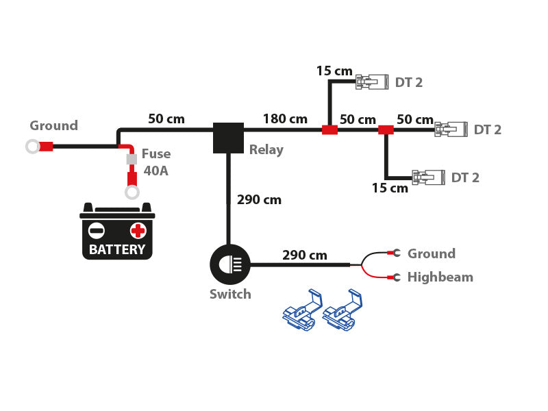 Wiring kit 3 x 2-pin Deutsch DT connectors for three additional lights with park lamps.. Relay 12V / 60A, 40A fuse