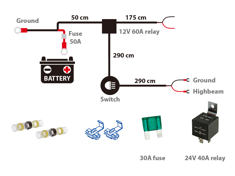 Kabeldragningssats, reläer 12V 60A och 24V 40A, säkringar 50A och 30A.