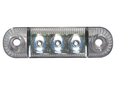12-24V 3 LED marķējošā gaisma, caurspīdīga, 3 gaismas diodes, virsmas montāža, skrūves 61 mm attālumā viena no otras