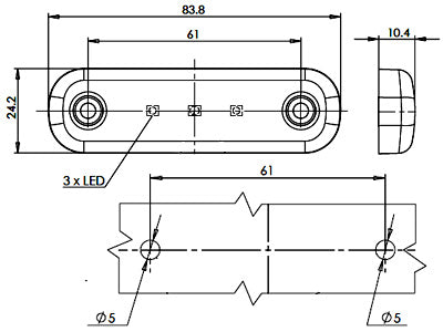 12-24V lamp, kollane, pinnapealne paigaldus, 3 LED-i, 0,2m pikkune juhe, kruvide vahe 61mm, 84.00 x 24.00 x 10.40mm.