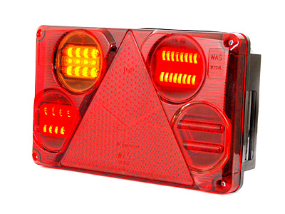 WAS vasak – LED haagise tagatuli kolmnurkse helkuriga, 6 funktsiooni, 12–24 V, ECE R10, IP66/68, 232 × 142 × 59 mm