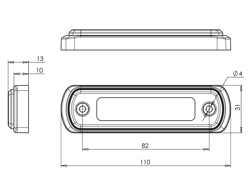 12-24V LED dzintarkrāsasgabarītgaisma, Labā/kreisā, 220 mm,  IP66/68, divi ø 4 mm skrūvju caurumi, attālums 82 mm,  ECE, E20, R10, R91