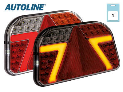 12-24V Autoline Светодиодный задний комбинированный фонарь: левый, тормоз, маркер, противотуманки, задний ход, номерной знак, режим индикатор, треугольный отражатель, IP67, винты 152 мм, кабель 250 мм, 240x140x31 мм