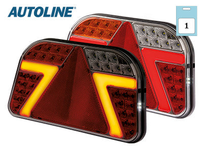 12-24V Autoline LED Rear Combination Lamp: right, brake, marker, fog, reversing, number plate, mode indicator, triangular reflector, IP67, screws 152mm, cable 250mm, 240x140x31mm