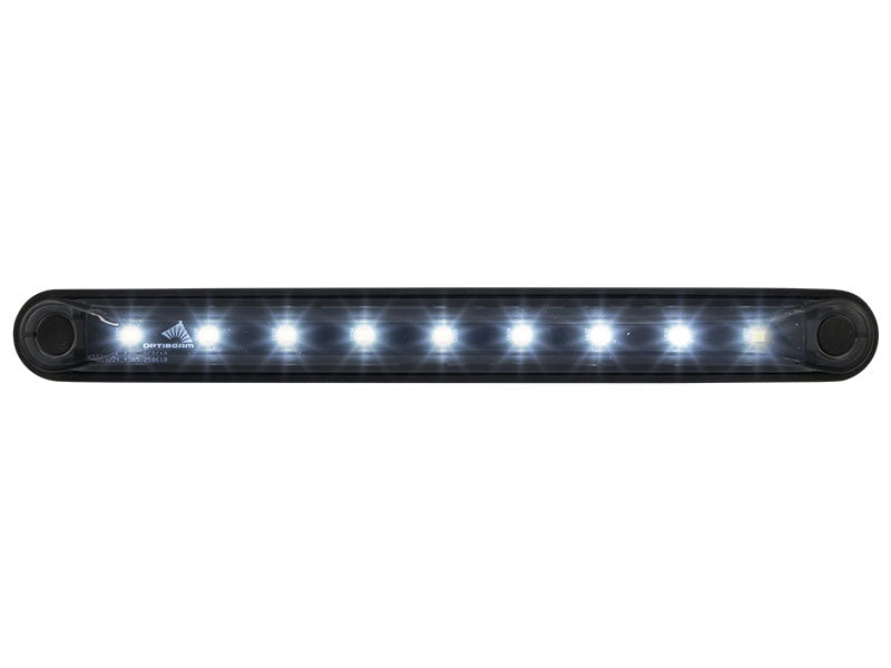 OPTIBEAM Dark Phantom LED gabarītlukturis balts, 10–36 V, IP67, 9 LED, 239,4 mm, 2 kontaktu atvērtais kabelis