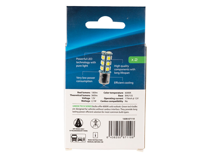 2.1W(180Lm/360Lm) 12V AUTOLINE LED auto spuldzes 2gb, BAU15s, 179 mA, auksti balta gaisma 6000K