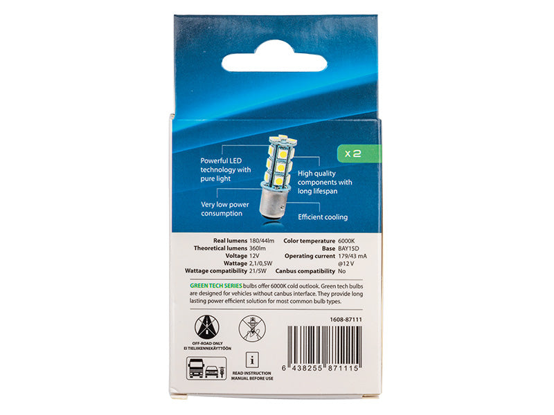 2.1 W / 0.5 W(180/44 lm) 12V AUTOLINE LED auto spuldzes 2gb, BAU15d, 179/43 mA, auksti balta gaisma 6000K