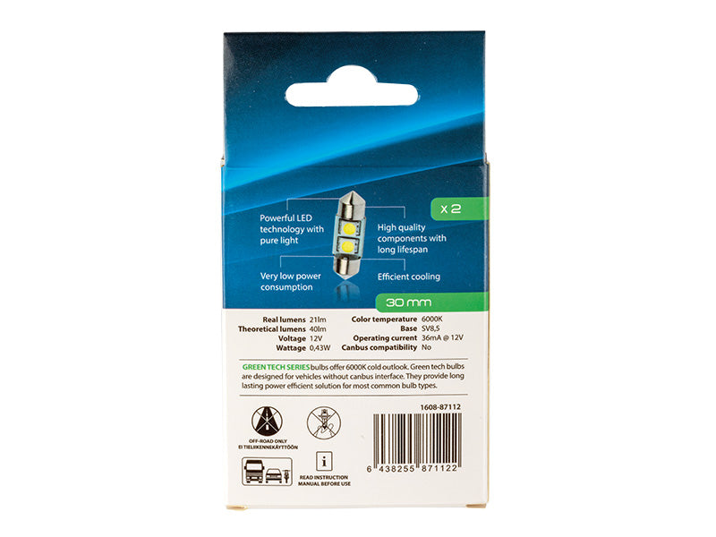 0.43W(21/40Lm) 12V AUTOLINE LED car bulbs 2gb, SV8.5, 36 mA, cool white light 6000K