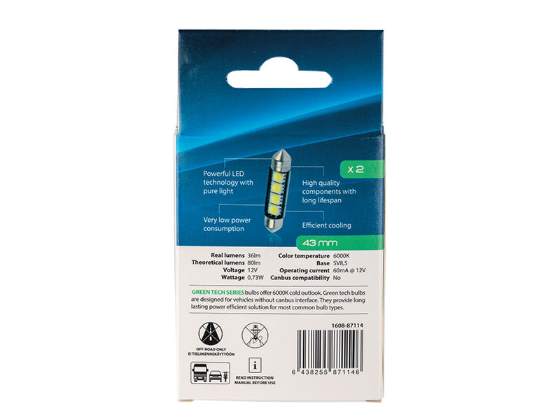 0.73W(36/80Lm) 12V AUTOLINE LED car bulbs 2gb, SV8.5, 60 mA, cool white light 6000K