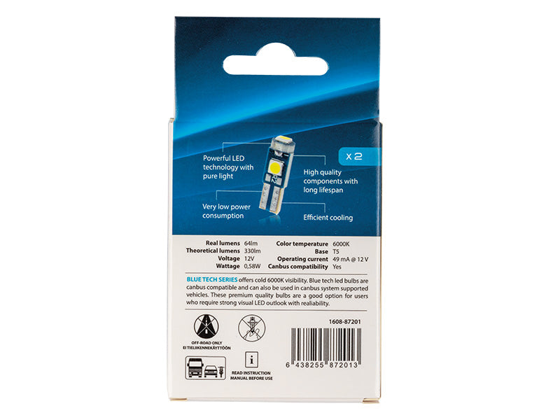 0.58W(330Lm) 12V AUTOLINE LED auto spuldzes 2gb, T5, 49mA, auksti balta gaisma 6000K