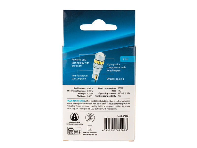 Led T10 glödlampa. 2gb pack, Lumen: 945 lm, Spänning: 12/24V, Färgtemperatur: 6000 K